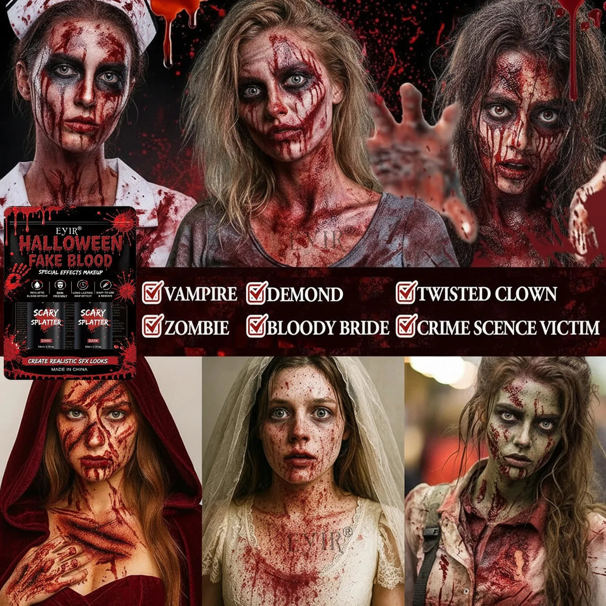 Maquillages zombie et vampire réalisés au faux sang